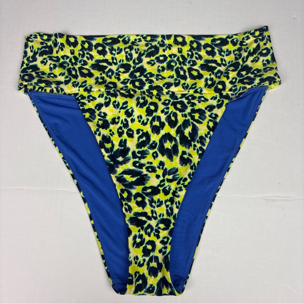 Aerie Women's XL Bikini Bottom Neon Blue Yellow Leopard Print Swimsuit New Tag
